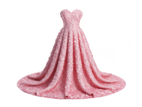 Pink strapless ball gown with floral petal embellishments and flowing train Transparent Background