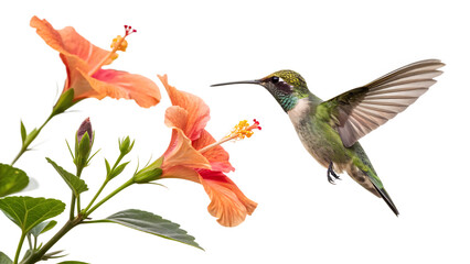 Fototapeta premium Hummingbird in flight with flower cut out isolated on white background PNG. AI GENERATED.