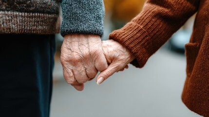 loving elderly couple walks together, holding hands in a peaceful neighborhood with autumn trees and soft golden light surrounding them