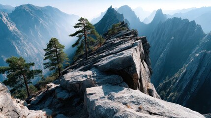 Majestic mountains rise sharply in the background, with tall trees standing on rocky edges. Soft morning light highlights the rugged terrain and distant peaks, creating a serene atmosphere