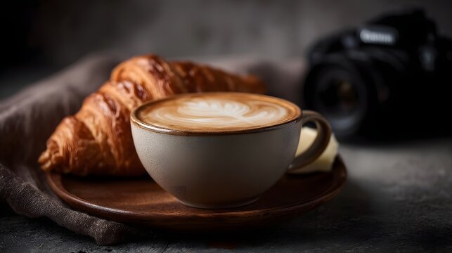 A steaming cup of latte with intricate art served alongside a golden croissant and butter on a rustic wooden plate set against a dark moody - Powered by Adobe