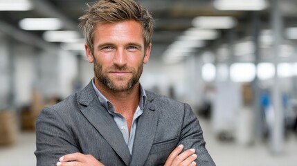 Obraz premium confident man with a beard stands with arms crossed in a spacious, well-lit office. He wears a stylish suit and smiles, showcasing a positive work environment