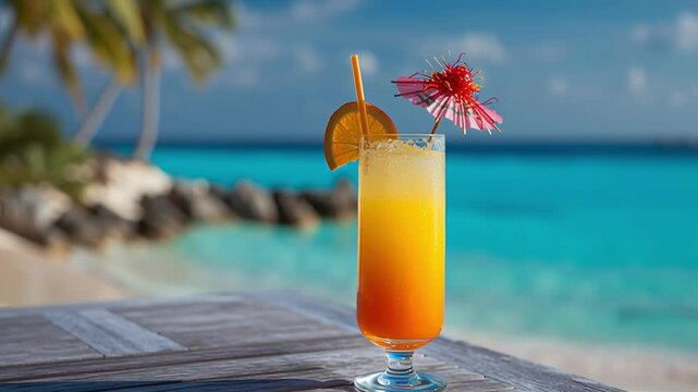 Vibrant orange cocktail in tall glass with umbrella and orange slice garnish on wooden table, turquoise ocean and palm trees in background. Refreshing beach vacation drink under blue sky
