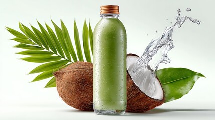 Green beverage bottle surrounded by fresh coconut halves and tropical leaves, with splashing water creating a refreshing atmosphere, ideal for health and wellness concepts in advertising