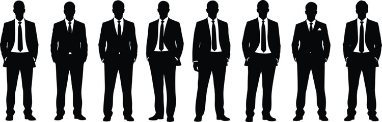 Silhouettes of eight businessmen standing in formal suits, isolated on white background, corporate team, leadership, professional office group