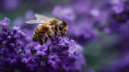 A honeybee collects nectar from a vibrant purple lavender blossom in a detailed ro shot highlighting nature s pollination process
