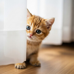 Naklejka premium Curious Orange Tabby Kitten Peeking Around a Corner.