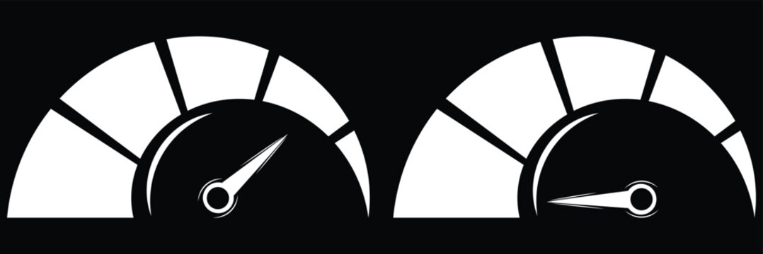 Set of speedometer icons for measuring performance. Speedometer icons set. Dashboard performance indicator sign. Dashboard speedometer gauge vector illustration with performance dial, control needle