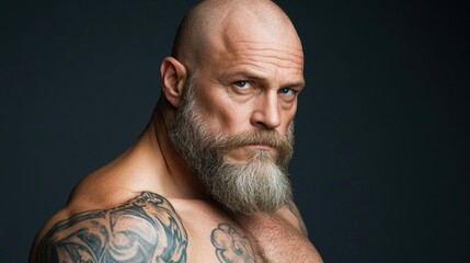 A rugged man with a muscular build and a prominent beard poses confidently against a dark backdrop, This image is ideal for fitness articles, motivational content