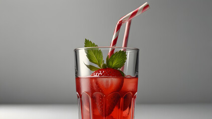 A refreshing glass of strawberry juice filled with vibrant red color, standing against a clean white background.