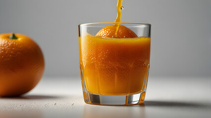 A tall glass of chilled orange juice with a straw placed neatly inside, captured on a white background.