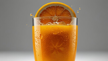 A refreshing glass of orange juice filled with bright golden color, standing against a clean white background.
