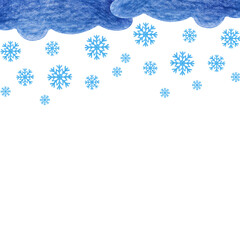 A square frame with hand-drawn clouds and snowflakes. Drawing with colored pencils. Winter template in the form of a child's drawing with an empty place to insert. Snowfall.