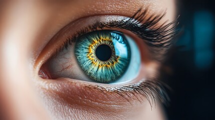 Fototapeta premium A close-up of a mesmerizing human eye, showcasing vibrant blue and green hues with striking details in the iris, Ideal for themes of vision, perception, beauty, or medical health,