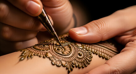 Fototapeta premium Henna Artist Creates Intricate Mehndi Design on Arm