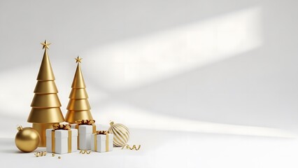 Elegant 3D Christmas Trees and Gifts in Gold on a White Background for Holiday Cheer