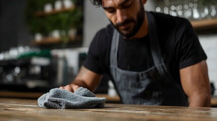 Barista diligently wipes down a wooden counter with a cloth in a cafe setting