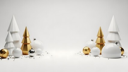 Festive Modern 3D Holiday Scene with Geometric Trees and Ornament Balls on White Background