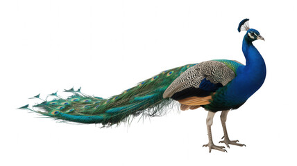Realistic 3d royal blue peacock with long iridescent tail feathers Transparent Background bird