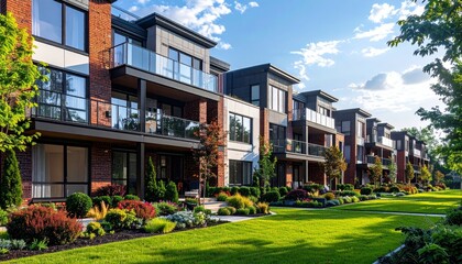 Modern multifamily housing property with brick, siding facade features balconies, manicured lawns