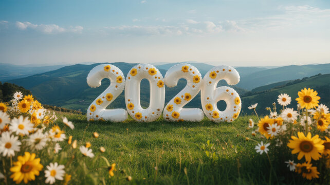 A serene, picturesque landscape featuring the year 2026 in large, three-dimensional letters adorned with vibrant yellow and white daisies. Happy New Year, Happy New Year 2026