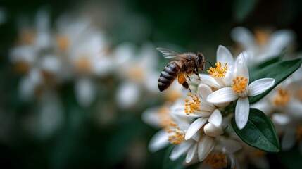 A busy bee collects nectar from a vibrant white blossom showcasing intricate natural detail