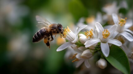 A honeybee hovers near fragrant white blossoms engaged in the vital process of pollination