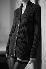 A classic black and white shot of a woman in a ribbed cardigan and thigh-high stockings, leaning against a wall. Evokes intimacy, style, and quiet sensuality.