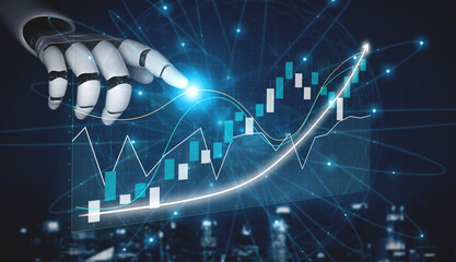 A futuristic robotic hand reaching towards glowing data graphs symbolizing financial growth and technological innovation in a digital landscape. Impute