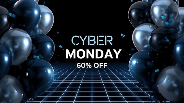 Cyber Monday Promotion Banner with Black and Silver Balloons Over a Futuristic Blue Neon Digital Grid Background