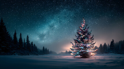 Christmas tree glowing under the starry night sky AI Generated