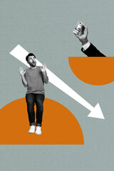 Pop trendy 3d zine vertical art collage of shocked man stand hand hold dollar roll bankruptcy arrow decline statistics inflation