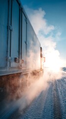 Awesome photo of truck driving on a snowy road with steam rising from the tires in winter.