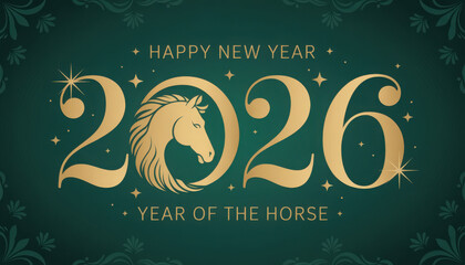 Happy new year 2026 text clipart design. Year of the horse new year greeting in gold text, calligraphy and typography clip art in green background vector illustration.