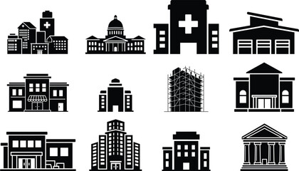 Fototapeta premium Collection of diverse building silhouettes representing various architectural styles and institutions