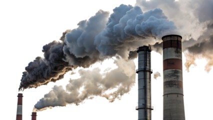 Industrial smokestacks pollution clouds cut out on PNG. AI GENERATED.