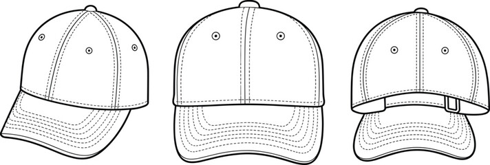 Baseball cap front, side, and back view, adjustable strap fashion template, garment flat sketch, cad drawing flat vector illustration