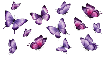 Elegant collection of vibrant purple and pink butterflies in flight, a beautiful and delicate spring motif for nature-inspired designs and decorations