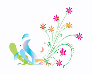 Illustration of colorful floral design with abstract elements isolated on white background, symbolizing creativity and art