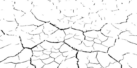 Vector illustration of cracked dry ground texture. Drought and climate change concept showing parched earth surface pattern. Black and white cracked soil background for nature and environment design.