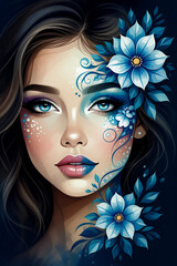 Digital Portrait of Beautiful Woman with Blue Fantasy Flower Makeup and Abstract Face Paint
