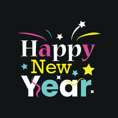 Happy New Year text design with colorful typography, stars, and confetti elements on a dark background.