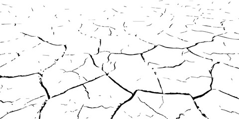 Vector illustration of cracked dry ground texture. Drought and climate change concept showing parched earth surface pattern. Black and white cracked soil background for nature and environment design.
