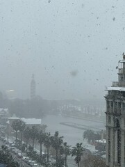 City view with cars, palm trees, and a tower during snowfall near the coast. Used in travel, architecture, and climate materials.