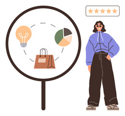 Magnifying glass highlighting lightbulb, pie chart, and shopping bag representing ideas, data, and commerce, paired with a woman and a star rating. Ideal for market research, innovation, analysis