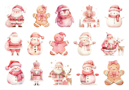 PNG Cute pastel Christmas character illustrations, element set on transparent background