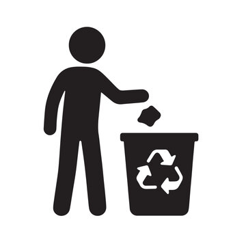 Silhouette of a person throwing trash into a recycling bin isolated on white background, promoting environmental awareness and responsible waste management