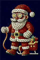 Mosaic Santa Claus with a gift bag and sleigh on a dark background. Bright New Year’s image in stained glass style.