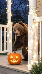 Bear holding a carved pumpkin on a porch during Halloween evening