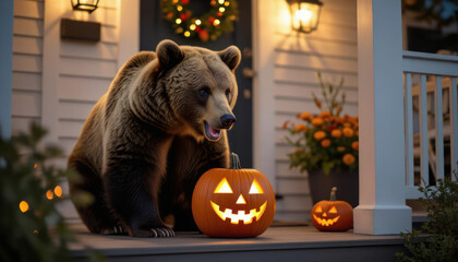 Bear enjoys Halloween night with carved pumpkins on a porch